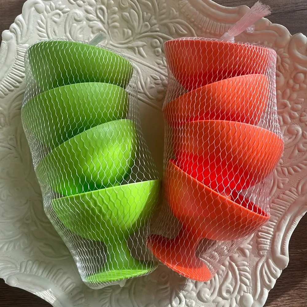 Crate & Barrel Ice Cream Bowls 2 Sets Retro Orange Green Footed 8 Pieces NEW HTF